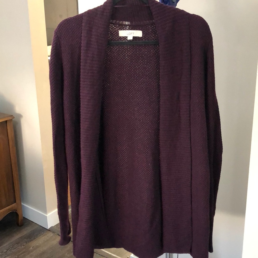 LOFT Purple Open Front Waffle Knit Cardigan